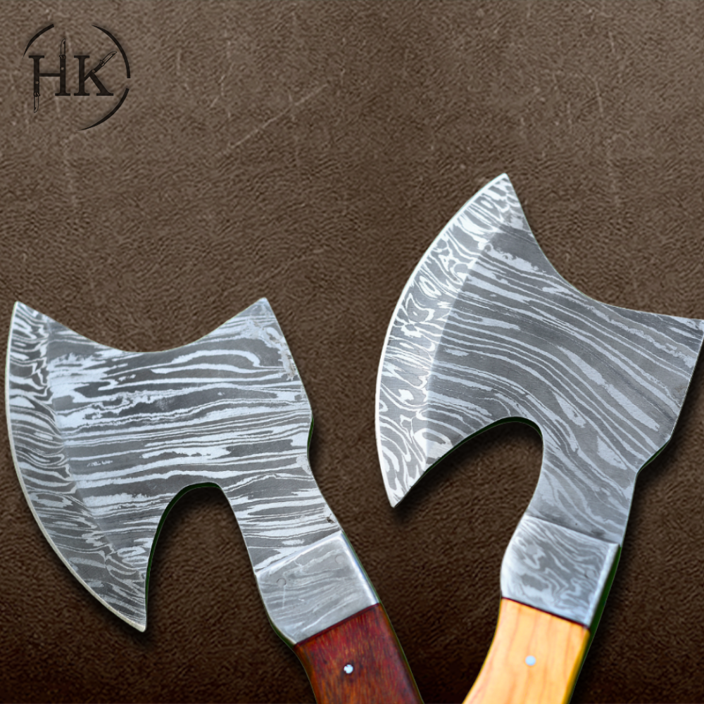 A Pair of Custom Handmade Damascus Steel Viking Axes – Wood Handle & Leather Sheath - Image 2