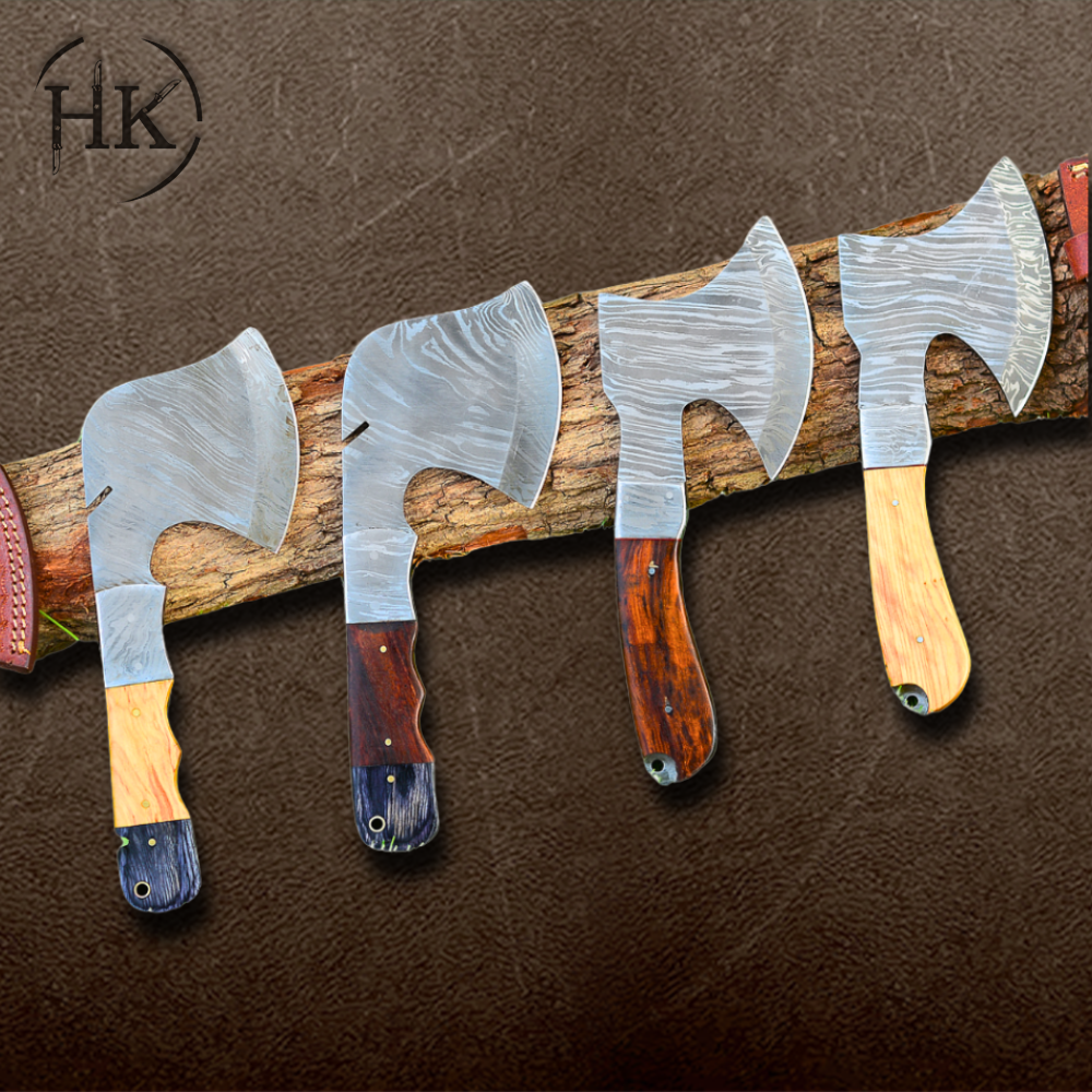 A Pair of Custom Handmade Damascus Steel Viking Axes – Wood Handle & Leather Sheath