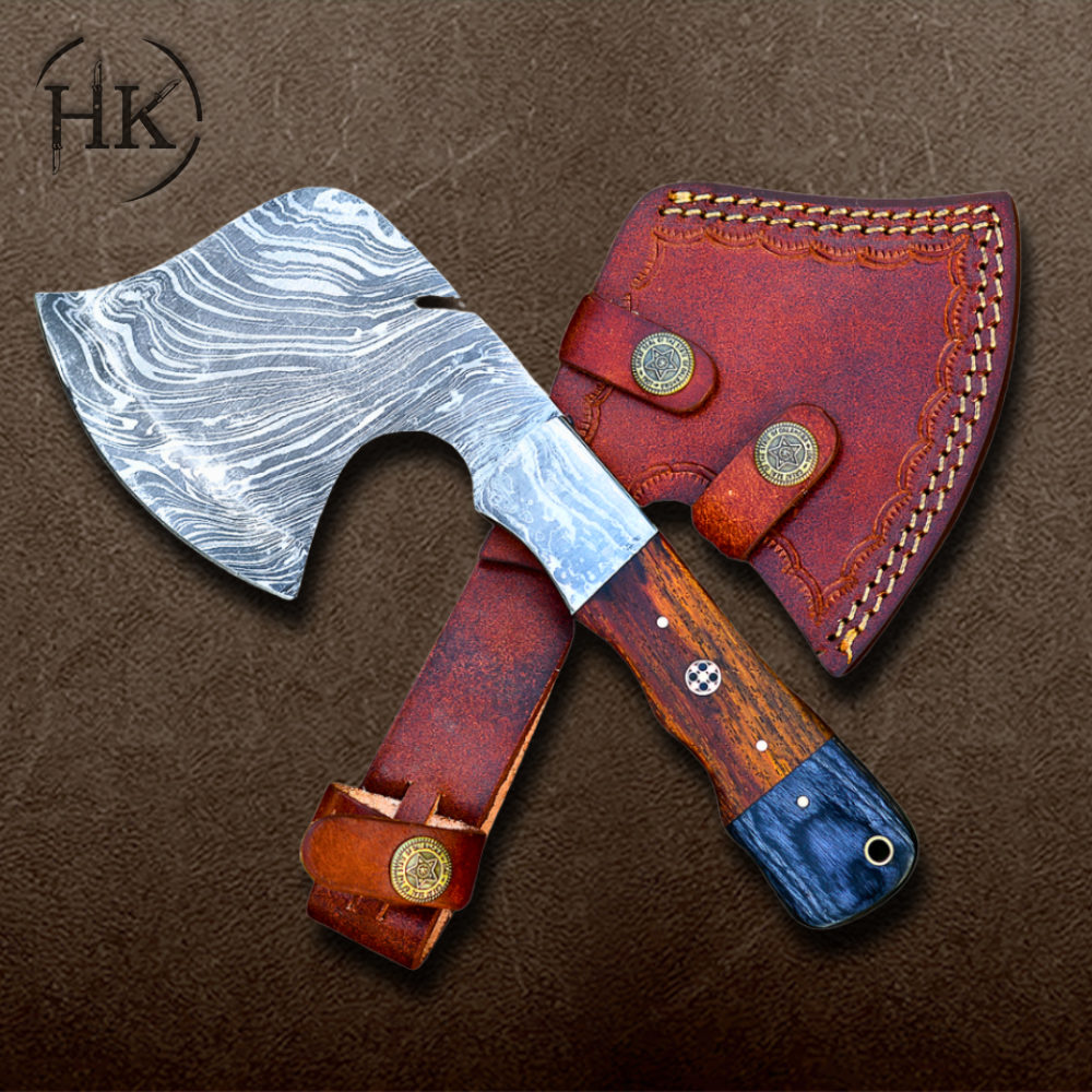 A Pair of Custom Handmade Damascus Steel Viking Axes – Wood Handle & Leather Sheath