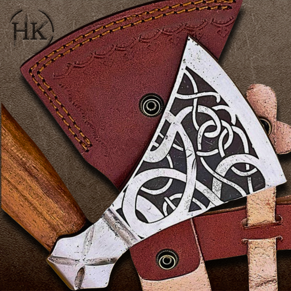 Hand Forged Carbon Steel Etched Viking Axe with Ash Wood Handle & Premium Leather Sheath – Ideal Camping Axe - Image 2