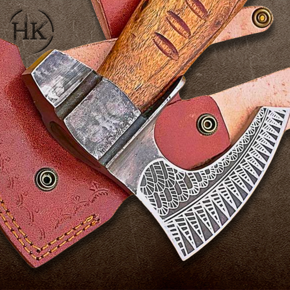 15-Inch Bearded Hiking Axe – Carbon Steel Blade with Laser Etching, Rosewood Handle & Leather Sheath - Image 2