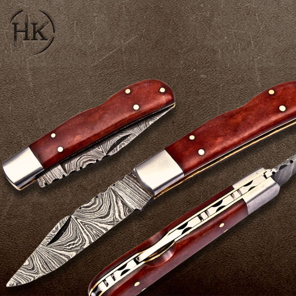 Handcrafted Damascus Steel Folding Knife with Rosewood Handle - Image 2