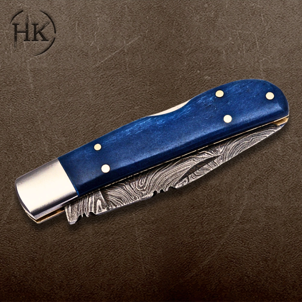 Handcrafted Damascus Steel Folding Knife with Striking Blue Titanium Handle - Image 2