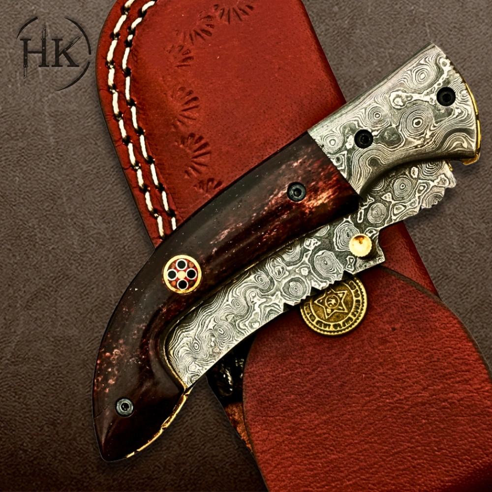 Handcrafted Damascus Steel Folding Knife with Intricate Brass Inlay | Timeless Craftsmanship and Elegance - Image 3