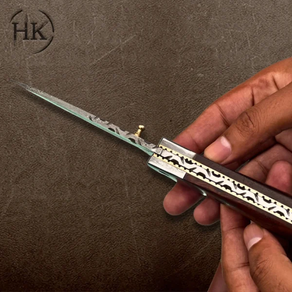 Handcrafted Damascus Steel Folding Knife with Leather Sheath | Premium Quality and Timeless Elegance - Image 3