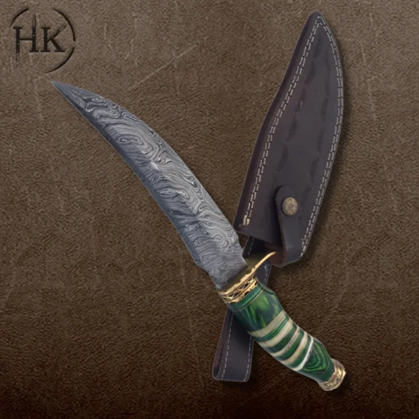 Handcrafted Damascus Steel Hunting Knife with Green Resin and Bone Handle - Premium Outdoor Tool - Image 2