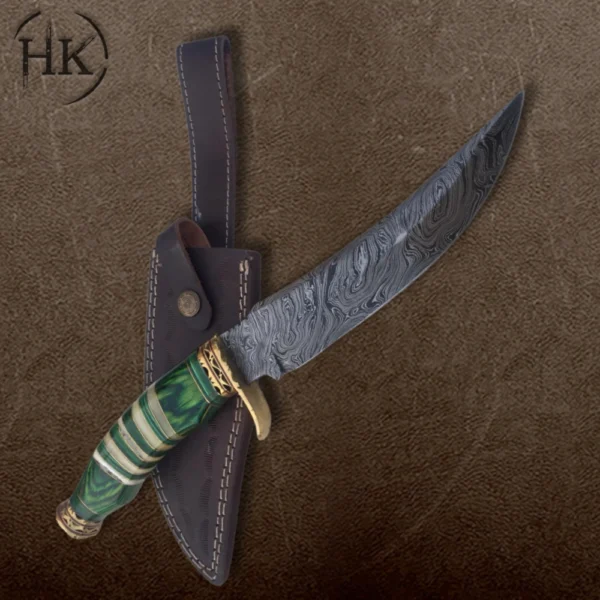 Handcrafted Damascus Steel Hunting Knife with Green Resin and Bone Handle - Premium Outdoor Tool - Image 6