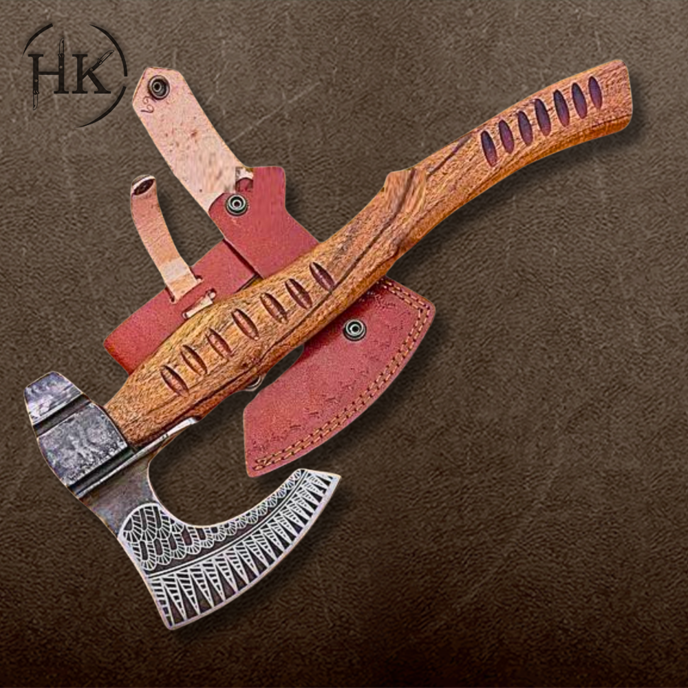 15-Inch Bearded Hiking Axe – Carbon Steel Blade with Laser Etching, Rosewood Handle & Leather Sheath