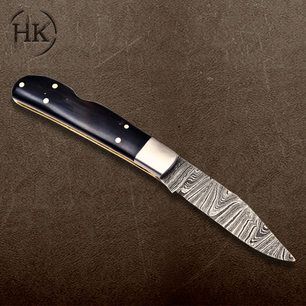 Handcrafted Damascus Steel Folding Knife with Sleek Black Handle - Image 2