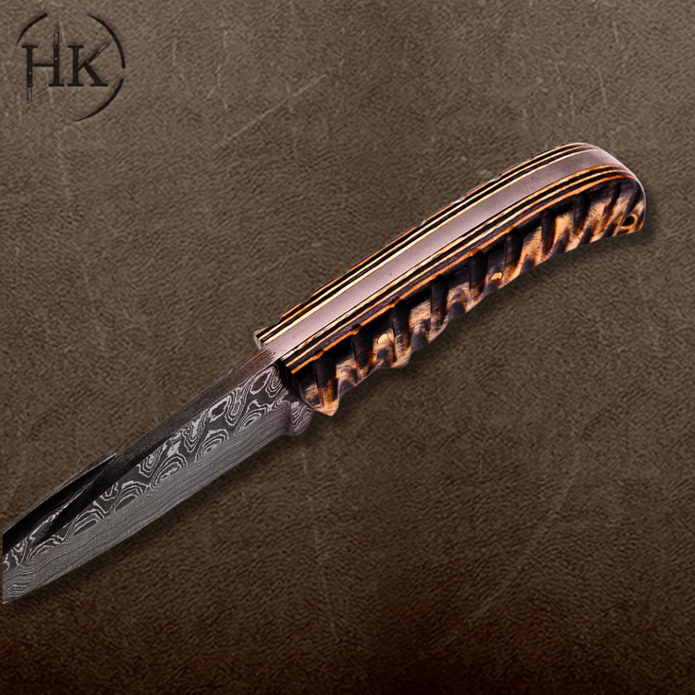 Handcrafted Damascus Steel Folding Knife with Intricate Mosaic Bone Handle - Image 3