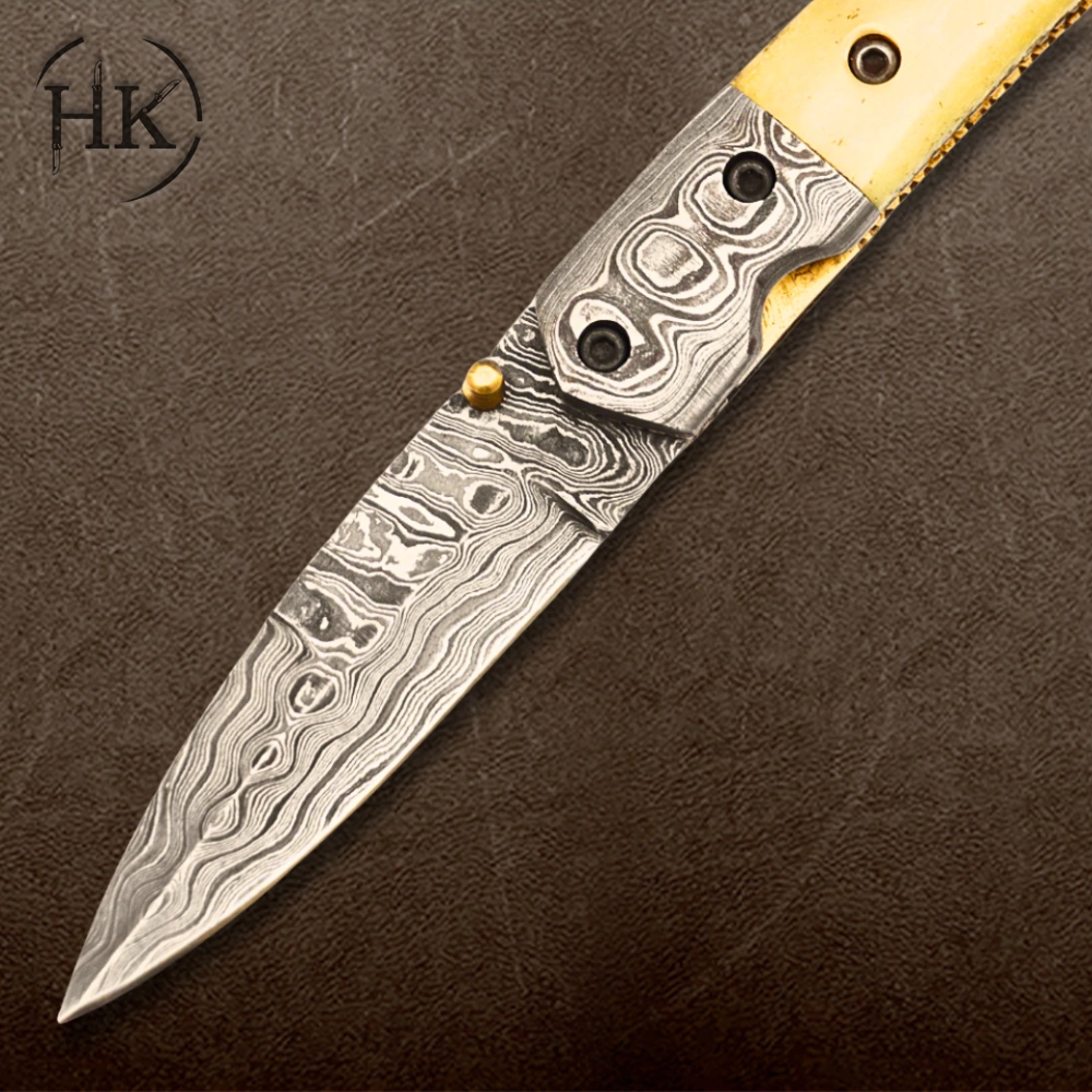 Handcrafted Damascus Steel Folding Knife with Unique Bone Handle | A Fusion of Elegance and Functionality - Image 3