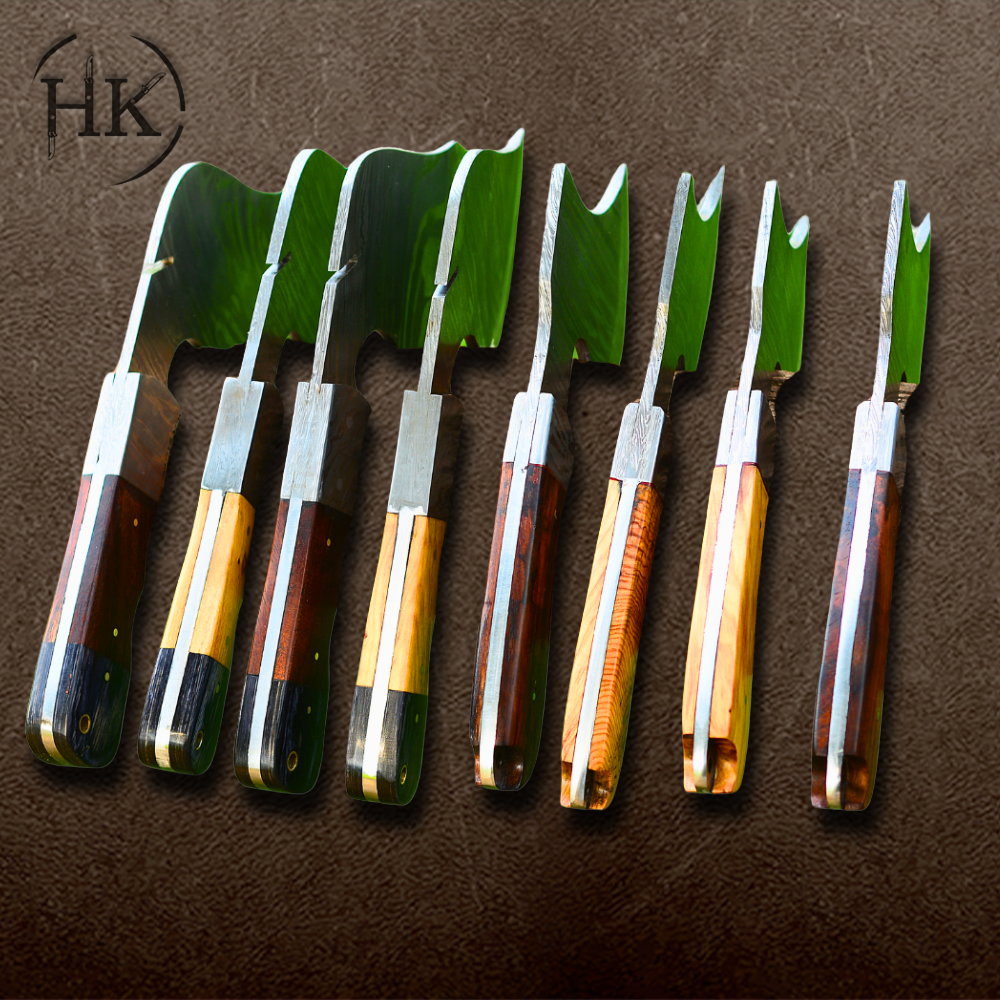 A Pair of Custom Handmade Damascus Steel Viking Axes – Wood Handle & Leather Sheath - Image 4