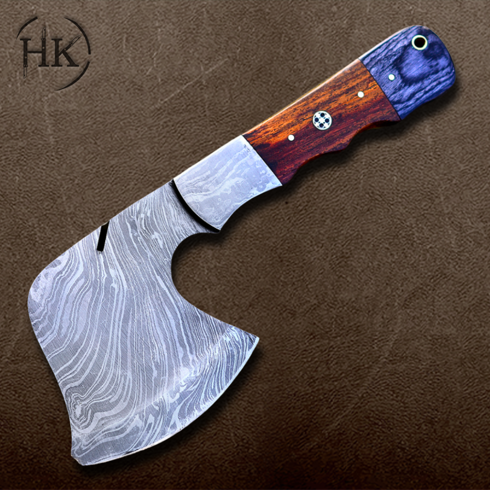 A Pair of Custom Handmade Damascus Steel Viking Axes – Wood Handle & Leather Sheath - Image 4