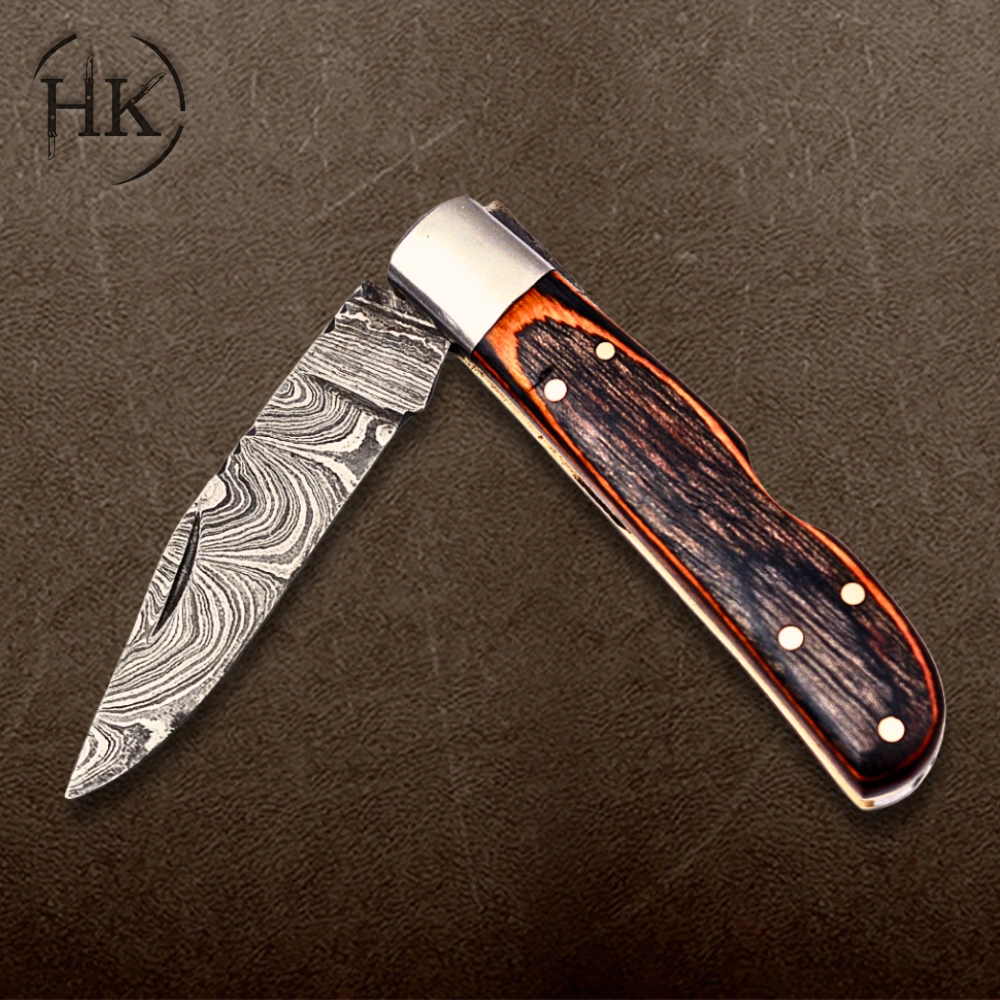 Handcrafted Damascus Steel Folding Knife with Striking Multicolor Wood Handle - Image 4