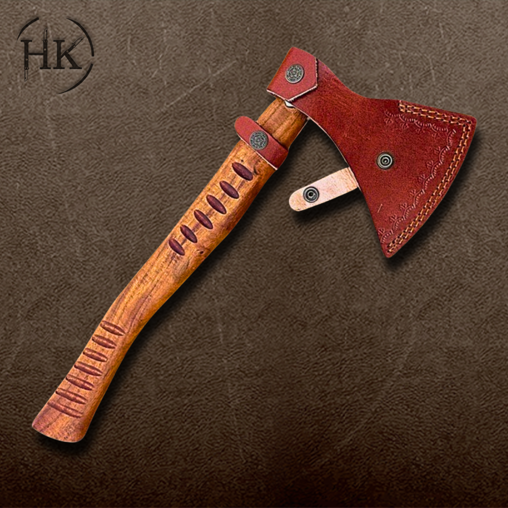 Hand Forged Carbon Steel Etched Viking Axe with Ash Wood Handle & Premium Leather Sheath – Ideal Camping Axe - Image 3