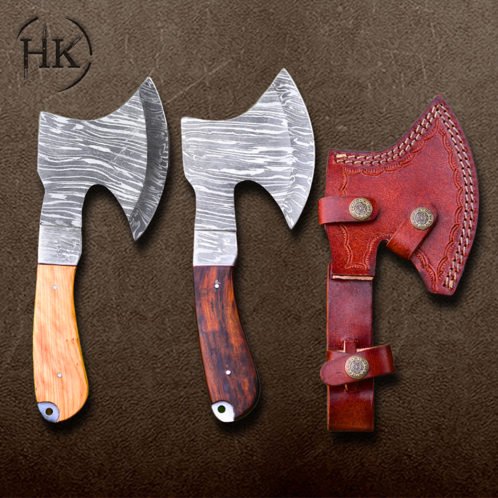 A Pair of Custom Handmade Damascus Steel Viking Axes – Wood Handle & Leather Sheath - Image 4