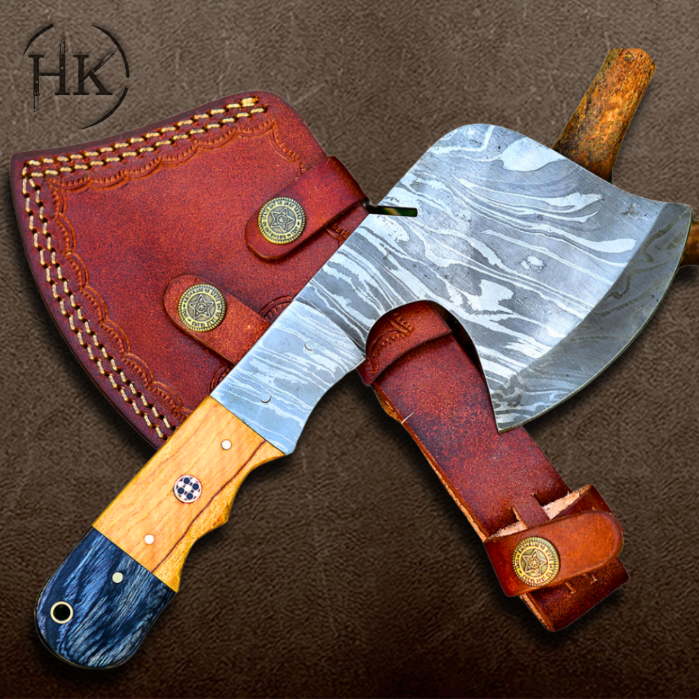 Damascus Viking Axe with Rosewood Handle & Leather Sheath
